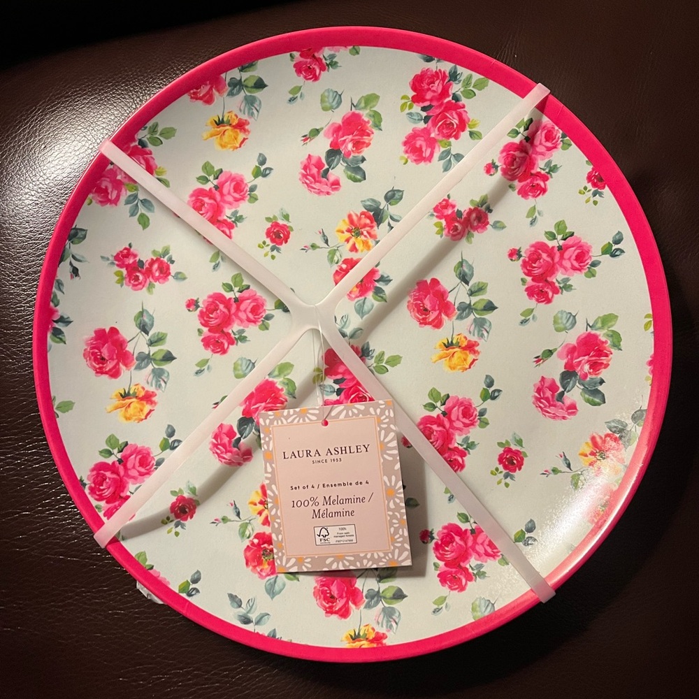 NWT Set Of 4 Laura Ashley Melamine Pink & Yellow Roses 11" Dinner Plates